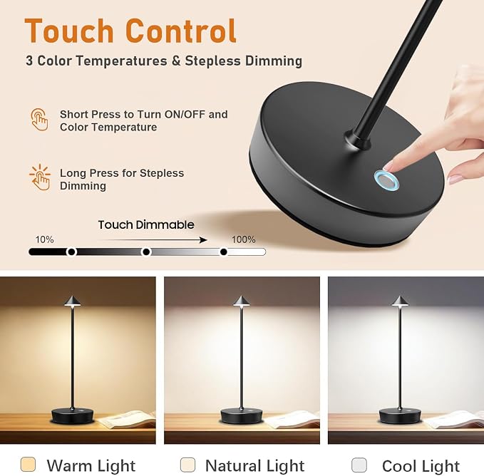 Set of 2 Cordless Rechargeable Led Table Lamp Battery Operated Light Black | 6000mAh Desk Lamp Touch 3 Color Dimming Portable Outdoor Waterproof Table Light for Patio/Restaurant/Dining/Home - Image 3