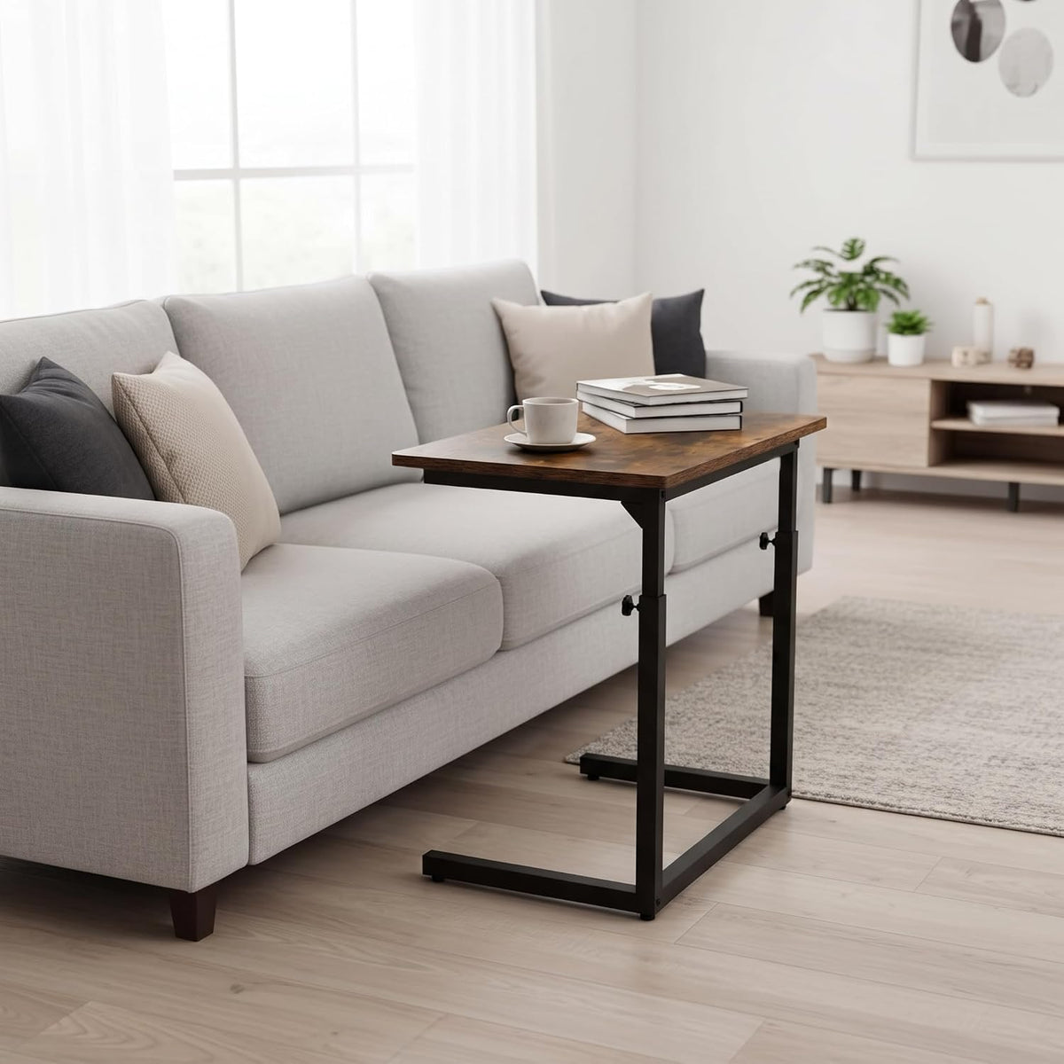 Height Adjustable C-Shaped Sofa Side Table, Laptop Table for Couch & Bed, Rustic Brown - Image 6