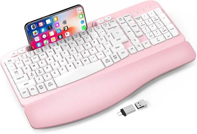 EAYBLLY 2.4G Wireless Ergonomic Keyboard, Full Size Wave Keys with Memory Foam Wrist Rest & 7.28in Phone Holder, USB-C Adapter Included for Windows Mac Chrome OS, Office or Home (Pink) by Unknown