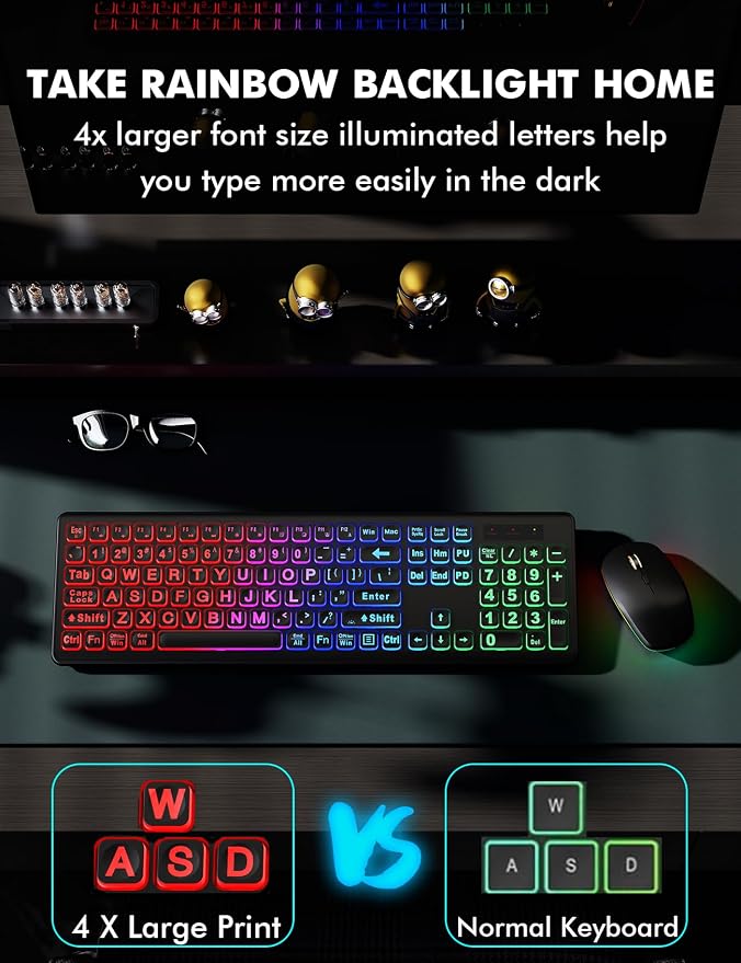 Wireless Keyboard and Mouse Combo with RGB Backlit, Rechargeable | Light Up Letters, Full-Size, Soft Typing, Sleep Mode, 2.4GHz Quiet Keyboard Set for Mac, Windows, Laptop, PC, Trueque KM42Pro - Image 2