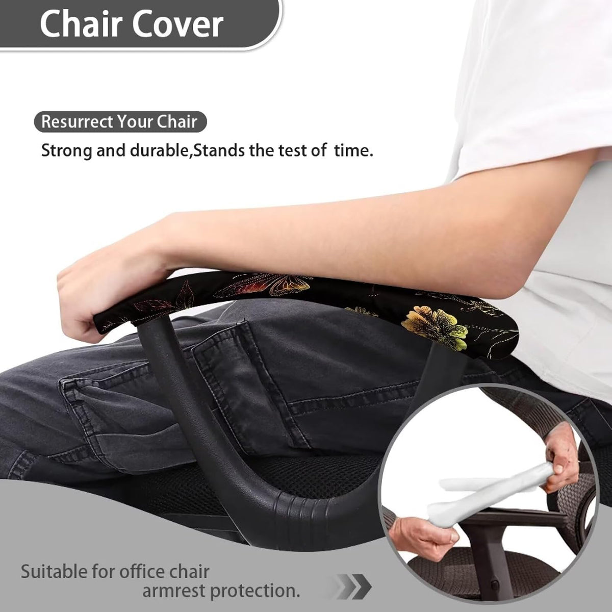Butterfly Flower Print Office Chair Arm Covers, 2 Pack Dust-Proof Chair Arm Rest Covers Washable, Comfort Elastic Office Chair Armrest Slipcovers for Rotating Chairs - Image 4