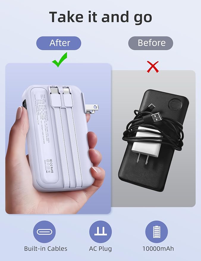 RORRY Portable Charger w/Wall Plug 10000mAh Power Bank 22.5W Battery Pack | Built in Cables, Fast Charging, for iPhone, iPad, Samsung Galaxy, Pixel, LG, Travel Essential, Digital Display, Pocket Size - Image 2
