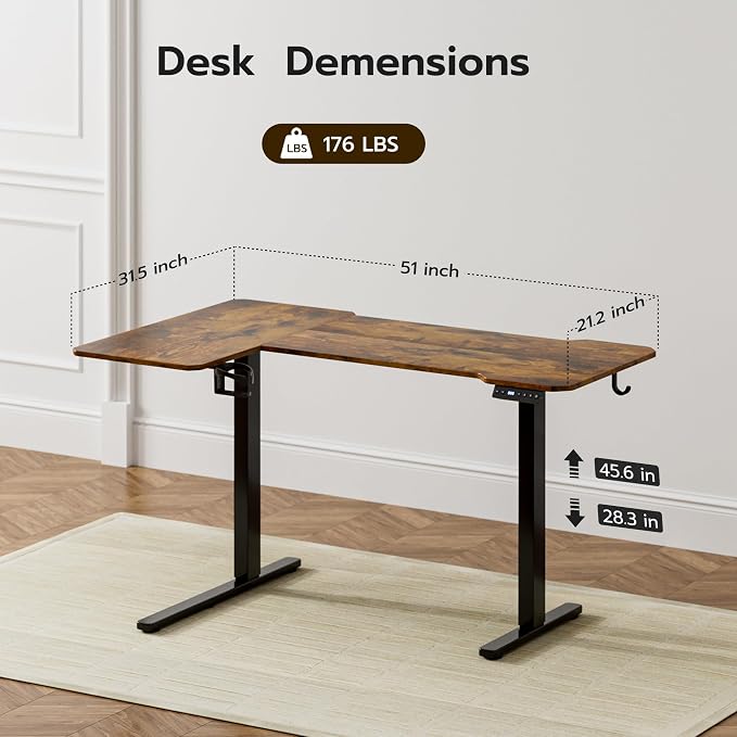 L Shaped Electric Standing Desk - 51x31.5 Inch Reversible Corner Sit Stand Desk with Hook&Cup Holder,Electric Height Adjustable Table,for Small Home Office&Bedroom Computer Desk, Rustic Brown - Image 3