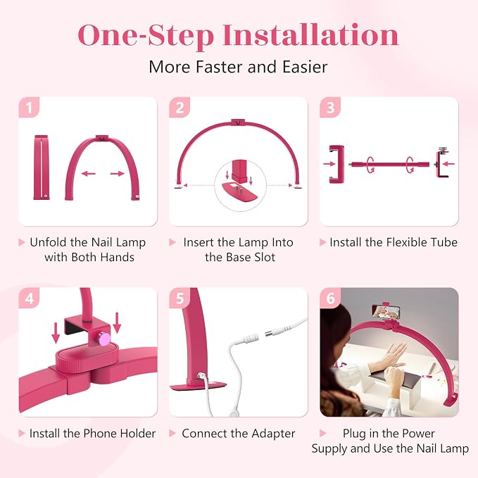 Yokilly Half Moon Light for Nail Desk: 29" Foldable Nail Light for Desk | AB Diamonds Arch Nail Tech Light with Phone Holder for Beginner - 3 Color Modes & 10 Brightness for Manicure Salon-RoseRed - Image 5