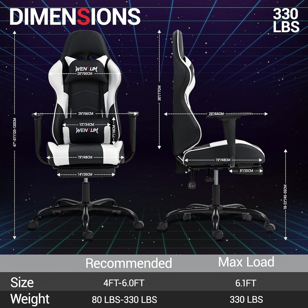 Gaming Chair with Footrest, Ergonomic PC Desk Chair with Headrest and Massage Lumbar Support, Video Game Chair with Height Adjustable High Back for Home Office, PU Leather, White - Image 3