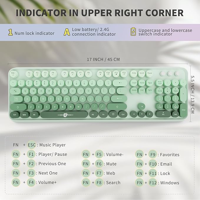 Wireless Keyboard and Mouse Combo - 2.4G Full-Sized Cute Colorful Mouse and Keyboard with 104 Round Keys Retro Typewriter Keyboard for Laptop/Windows/PC - Green Gradient - Image 3