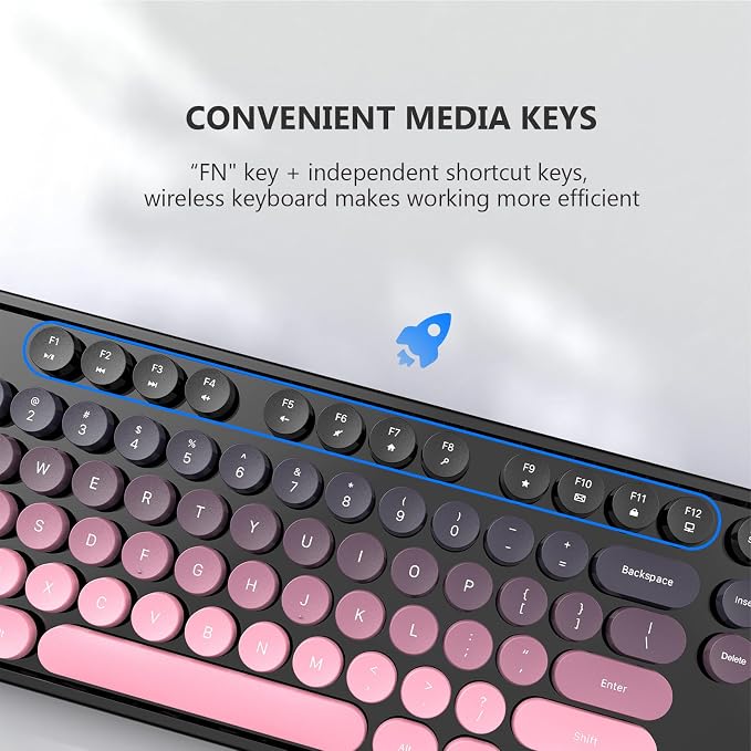 MOFII Wireless Keyboard and Mouse Combo, 2.4 GHz Full-Size Retro Round Keyboard and Mouse, Plug and Play, 8 Multimedia & Shortcut Keys for Mac, Windows, Laptop/Desktop/PC - Pink Gradient - Image 6