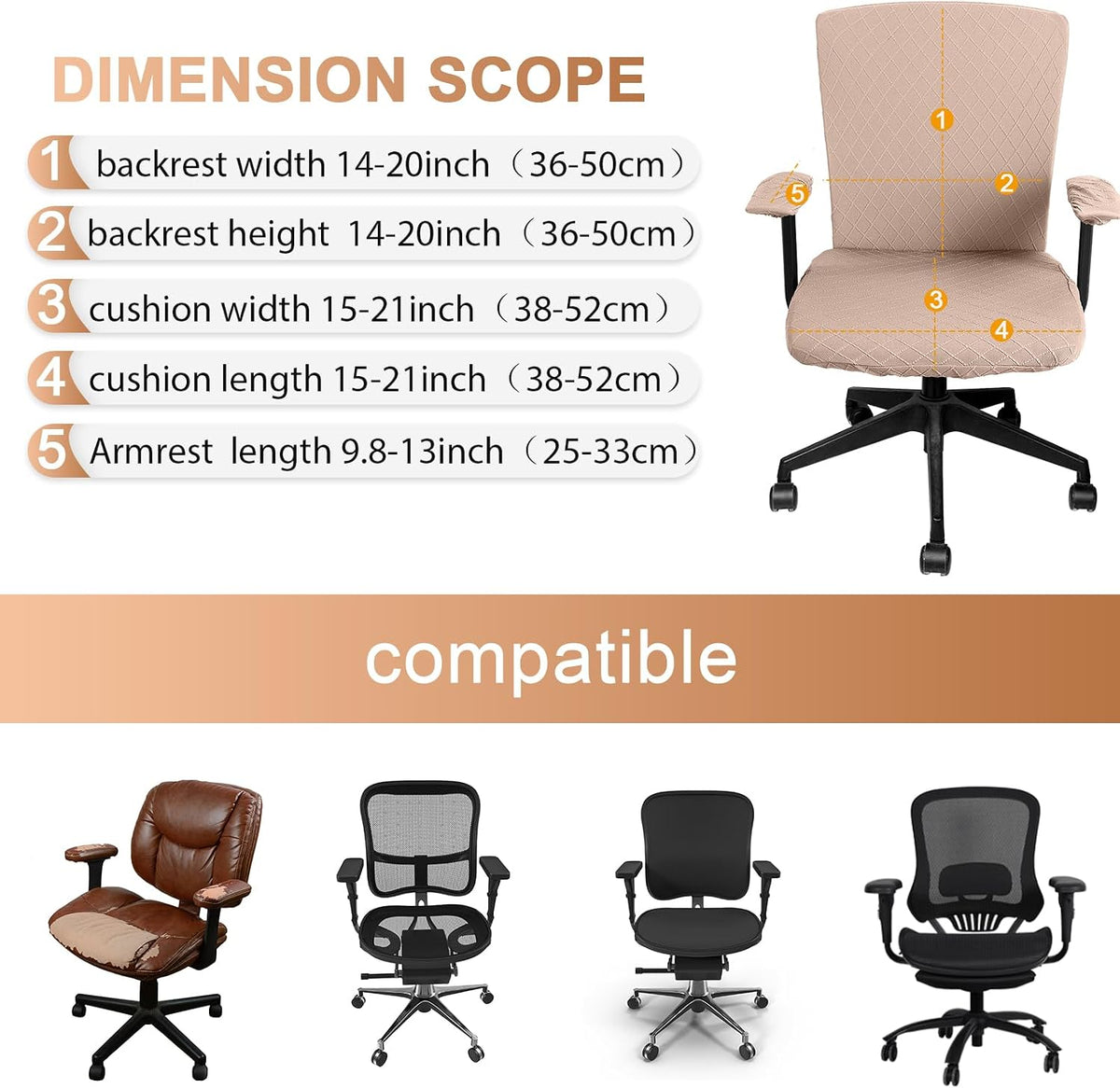 4 Pcs Office Chair Covers Stretch Seat Armrest, Camel - Image 4