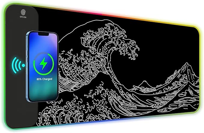 ToLuLu RGB Wireless Charging Gaming Mouse Pad, 7.5/10/15W 10 Light Modes LED Mouse Pad Computer Keyboard Mat Mousepad, 800x300x4MM Extended Large Desk Pad Mat, Japanese Kanagawa Sea Wave Black White by ToLuLu