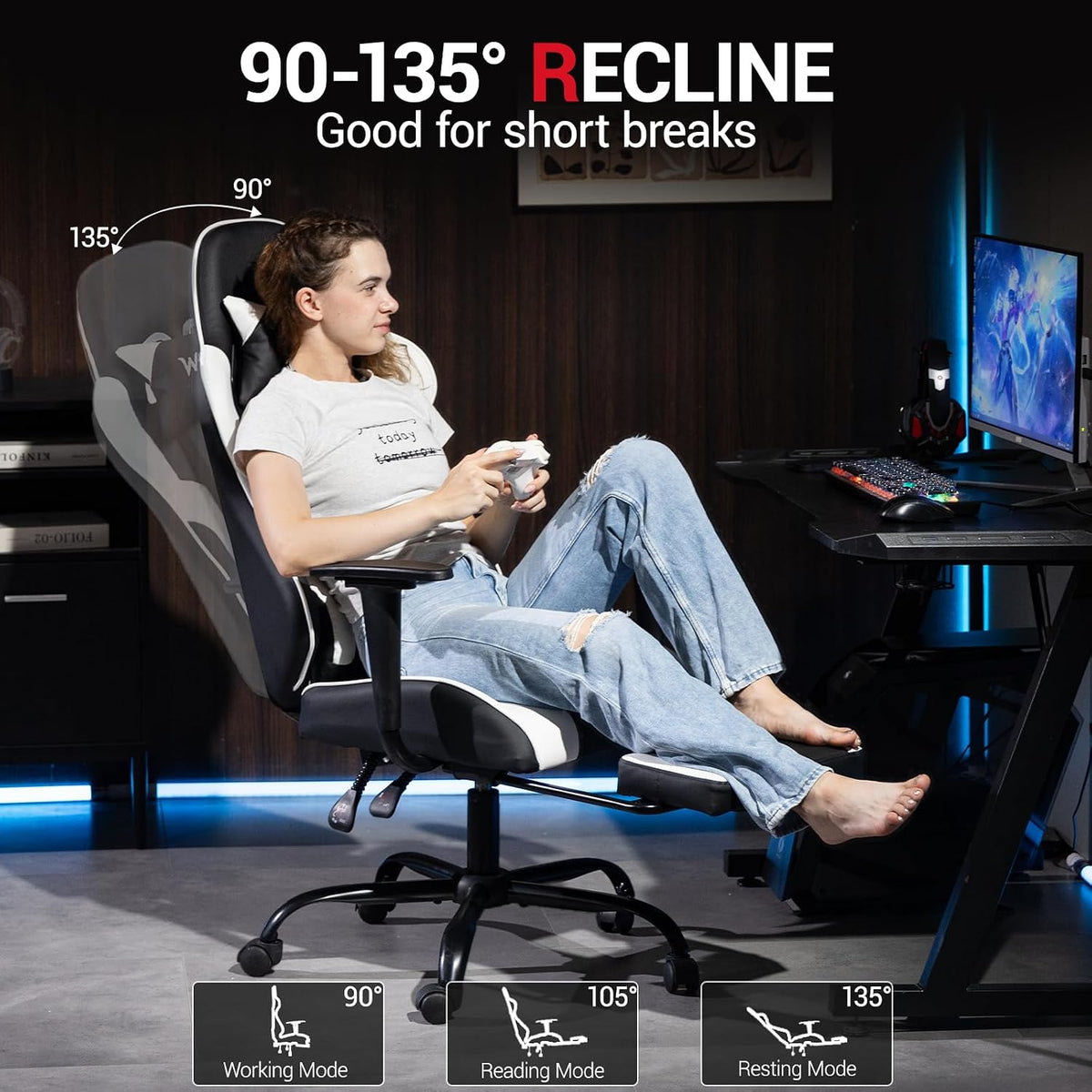 Gaming Chair with Footrest, Ergonomic PC Desk Chair with Headrest and Massage Lumbar Support, Video Game Chair with Height Adjustable High Back for Home Office, PU Leather, White - Image 5