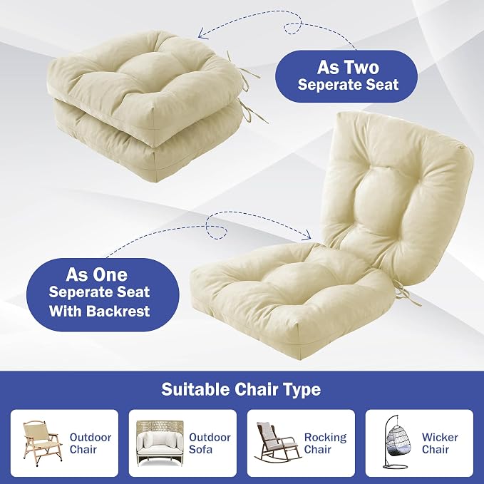 IPYNBAP Outdoor Chair Cushions Set of 2, Patio Chair Cushions with Ties, 17x17+4” Tufted Outdoor Seat Cushions, Waterproof Patio Furniture Cushions, Outdoor Dining Chair Pads, Beige - Image 6