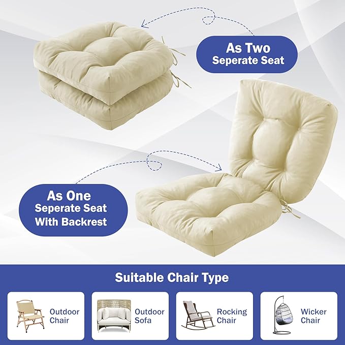 IPYNBAP Outdoor Chair Cushions Set of 4, Patio Chair Cushions with Ties, 19x19+5” Tufted Outdoor Seat Cushions, Waterproof Patio Furniture Cushions, Outdoor Dining Chair Pads, Beige - Image 6