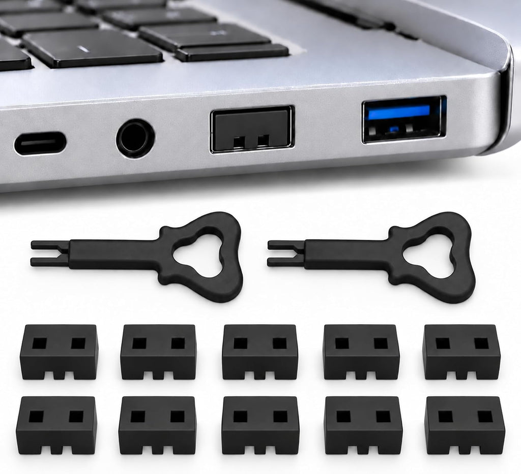 USB A Port Blockers 10 Pack, Control USB Access, 2 Dual Prong Keys, Black by PortPlugs
