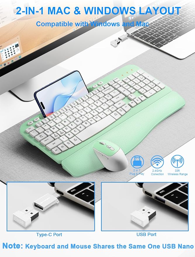 Hayyiesh Ergonomic Wave Keys Wireless Keyboard and Mouse Combo, Full Size with Memory Foam Wrist Rest & Phone Holder, 2.4G Cordless Set with USB-C Adapter for Windows Mac Desktop Laptop (Mint Green) - Image 9