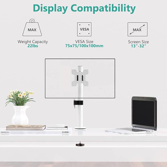 WALI Single Monitor Mount for 1 Computer Screen up to 32 inch, Fully Adjustable Monitor Arm Holds up to 22 lbs (M001S-W), White - Image 4