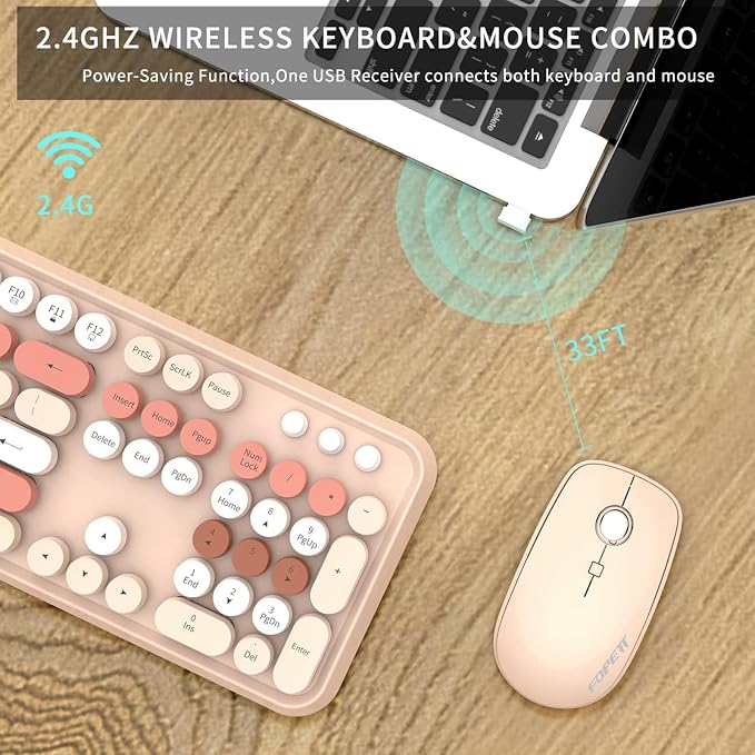 Wireless Keyboard and Mouse Combo | Cute Colorful Keyboard and Mouse with 2.4GHz Cordless Retro Typewriter Keyboard | Auto-Sleep | USB Receiver for Windows PC/Laptop - Creamy Colorful - Image 6