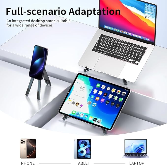 Portable Laptop Stand, 3-in-1 Magnetic Foldable Adjustable, for Desk（Gray） | Aluminum alloy, lightweight compact, 8-level height, ergonomic, for phone/tablet, home office/travel - Image 3