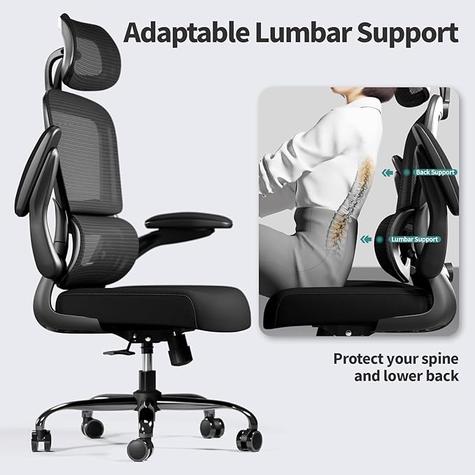 TRALT Office Chair Ergonomic Desk Chair - Gaming Chair with Lumbar Support | 330 LBS Home Office Desk Chairs with Headrest, Reading Chair with Flip-up Armrests, Comfortable Computer Chairs (1, Black) - Image 6