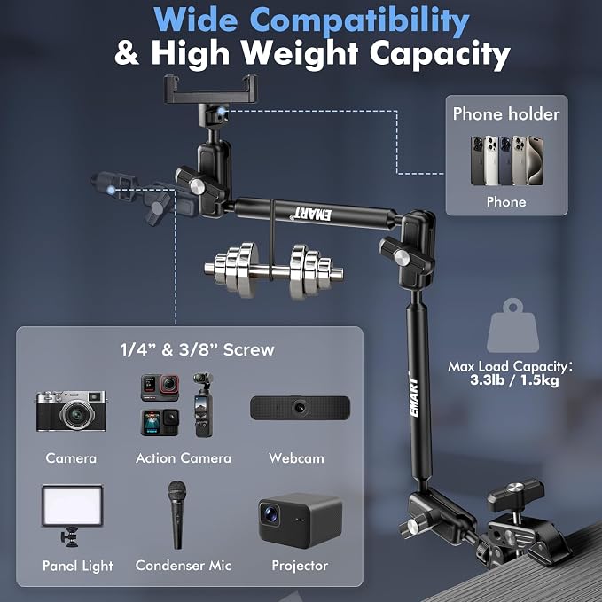 EMART 21" Magic Arm Clamp Kit with Super Clamp, 1/4" 3/8" Threads for ARRI, Flexible Camera Desk Mount, Adjustable Articulating Boom Arm for Webcam/Mic/Action Camera/Phone/Video Light - Image 2