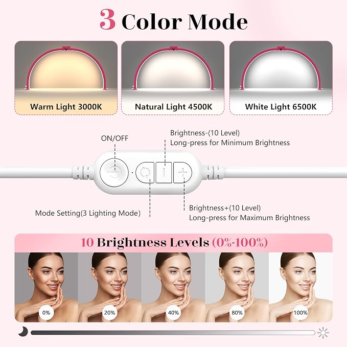 Yokilly Half Moon Light for Nail Desk: 29" Foldable Nail Light for Desk | AB Diamonds Arch Nail Tech Light with Phone Holder for Beginner - 3 Color Modes & 10 Brightness for Manicure Salon-RoseRed - Image 3