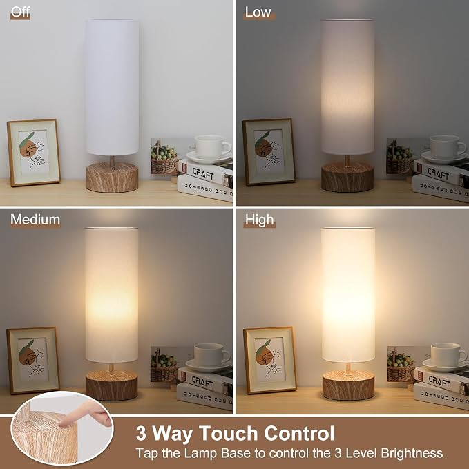 Touch Table Lamp with Wood Grain Metal Base, 3 Way Dimmable Bedside Lamp | Modern Nightstand Desk Lamp with White Shade, Simple Night Light for Bedroom Living Room Home Office, LED Bulb Included - Image 3