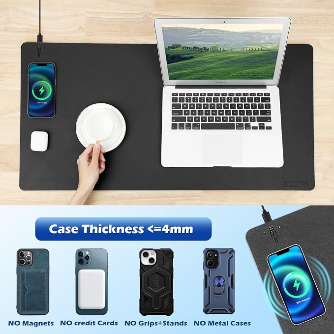 Wireless Charging Desk Mat, Mouse Pad, Black-L, 36 * 17inch - Image 6