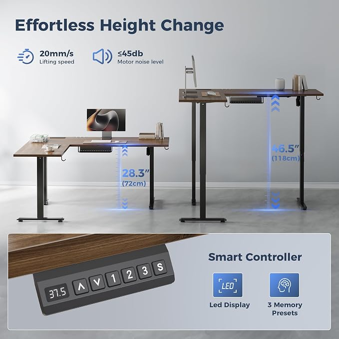 Klicelor L Shaped Standing Desk 63 x 55 Inch,Electric Height Adjustable Corner Desk with Cable Management & Power Outlets, Ergonomic Sit Stand Up Computer Table for Home Office,Dark Walnut - Image 8