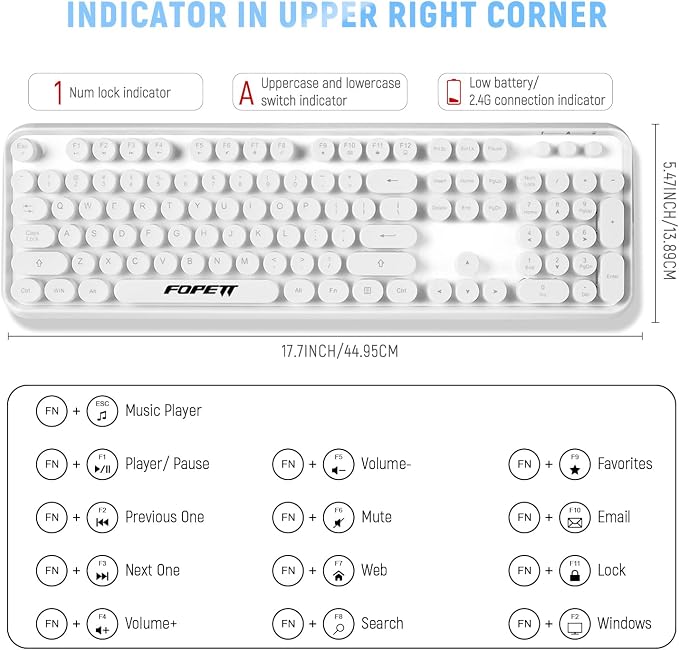Wireless Keyboard and Mouse Combo - 2.4G Full-Sized White Keyboard with Round Keycaps 104 Keys Typewriter Keyboard for Laptop/Windows/PC - White - Image 3