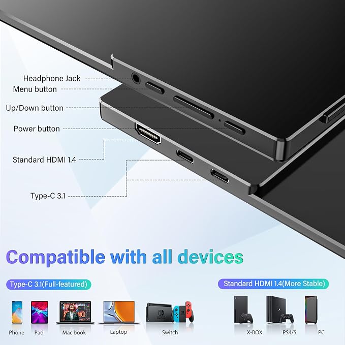 InnoView 15.6'' Portable Monitor for Laptop FHD 1080P USB-C Travel Monitors Built-in 90° Adjustable Stand Without Bag, HDR IPS Portable Laptop Monitor for MacBook PC Phone Xbox PS4/5 Switch - Image 9