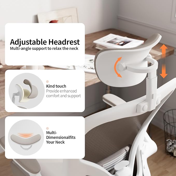 Office Chair Ergonomic Desk Chair with Lumbar Support&Headrest&Flip-up Arms Height Adjustable Rocking Swivel High Computer Chair Multi-Angle from 90° to 125° with 350LBS Capacity(White+Khaki-2) - Image 6
