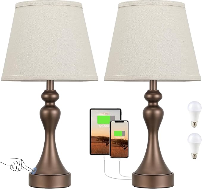 Touch Lamps for Nightstand, 3 Way Dimmable Bedside Lamps with USB C+A Ports | Touch Control, LED Bulb Included, Small Brown Table Lamp for Bedroom, Night Stands, End Table, Gift，Corded，Oat Shade - Image 8