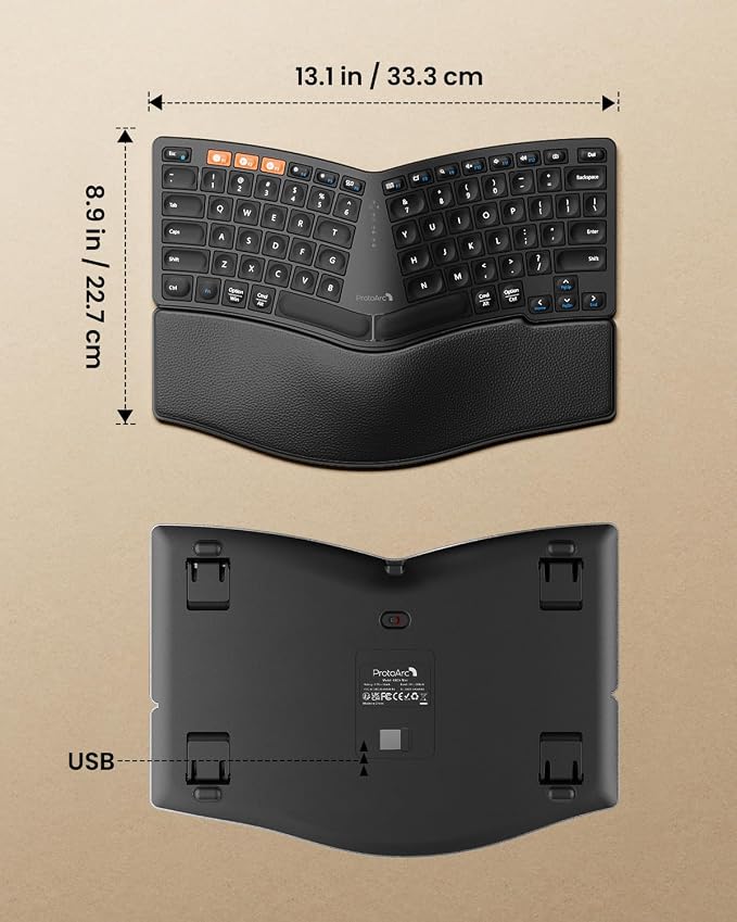 ProtoArc EK04 Mini Compact Wireless Ergonomic Keyboard - Black | Hard Palm Rest, 3-Device Bluetooth/2.4G, Split Design, Rechargeable, Compatible with Windows, Mac OS - Image 6