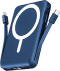 podoru for Magsafe Power Bank, 10000mAh Magnetic Portable Charger | Built-in Double USB-C Cables, 20W PD Fast Charging Wireless Battery pack for iPhone 17/16/15/14/13/12 Series-Navy Blue by PodoruPowerBank