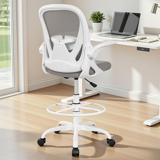 Ergonomic Drafting Chair with Flip-Up Armrests & Adjustable Footrest – Tall Office Chair for Standing Desks, Lumbar Support, Gray – Home & Office Comfort - Image 2