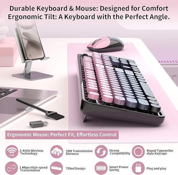 Wireless Keyboard and Mouse, MOFII 104 Round Keycaps Retro Typewriter with OTG & Brush, Full-Size Ergonomic, Ideal for Windows PC, Home, Office and College Peach Pink - Image 2