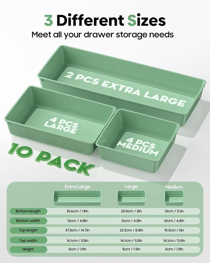 10 Pack Large Size Plastic Drawer Organizers Set, 3 Sizes Desk Drawer Organizer Trays, Storage Bins for Vanity, Makeup, Bathroom, Kitchen Utensils and Office (Green) - Image 2