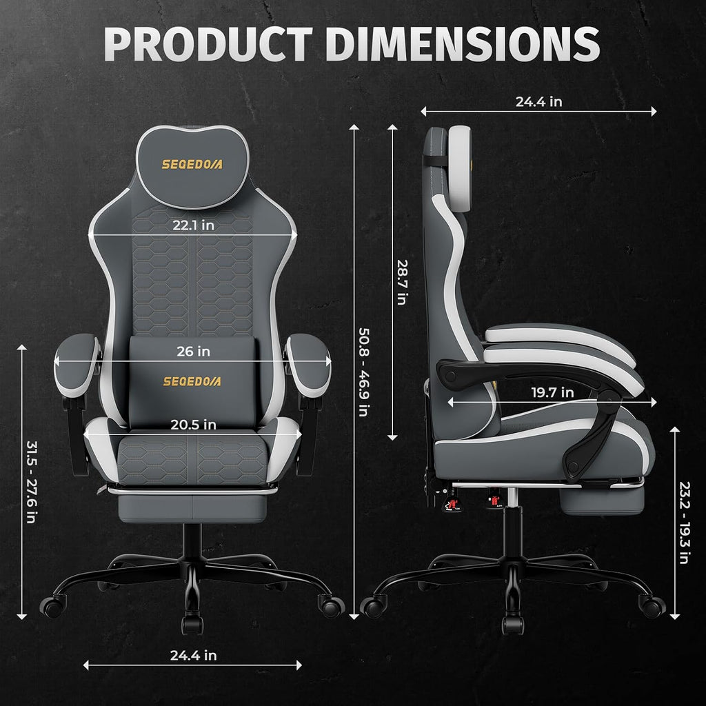 Honeycomb Embossed Gaming Chair with Footrest & Massage Lumbar Support, Adjustable Ergonomic Office Chair for Adults, 300 lbs (Grey White) - Image 3