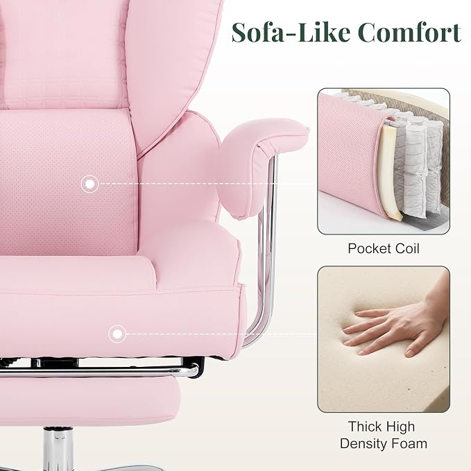 Pink Office Chair 400 LBS, for Women, Home Office | Big and Tall, PU Leather, Executive Ergonomic Desk Chair with Footrest, Lumbar Support, Wide Seat ,Reclining, Swivel Wheels - Image 5