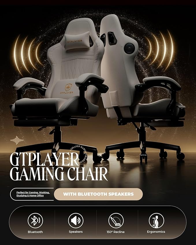 GTPLAYER Gaming Chair with Speakers, Video Game Chairs with Footrest, PC Gamer Chairs for Adults - Padded High Back Ergonomic Reclining Silla Gamer, Linkage Armrest, Ace Pro, Ivory - Image 4