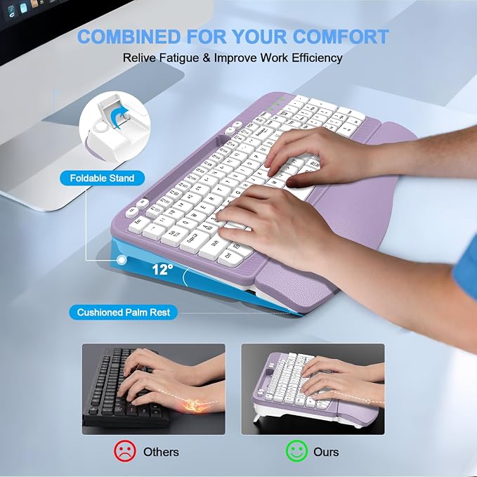 EAYBLLY 2.4G Wireless Ergonomic Keyboard, Full Size Wave Keys with Memory Foam Wrist Rest & 7.28in Phone Holder, USB-C Adapter Included for Windows Mac Chrome OS, Office or Home (Purple) - Image 2
