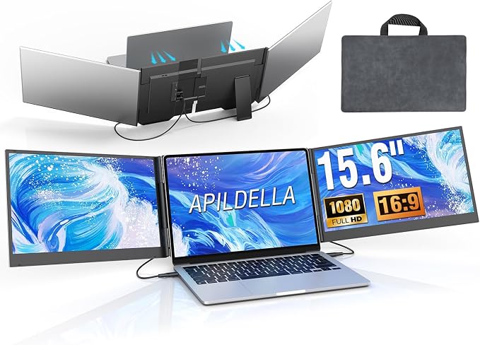 APILDELLA 15.6’’ Triple Laptop Screen Extender, 1080P FHD Portable Dual Monitor for Laptop USB C HDMI, Plug-Play Monitor Extender for Triple Display for Mac/Windows, Fit 13”-17.3” Laptops by APILDELLA