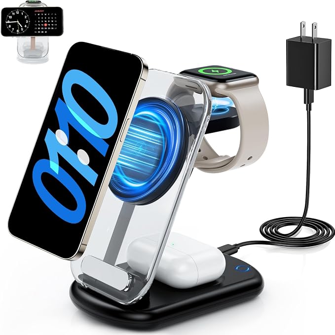 2026 Traveling Wireless Mag-Safe Fast Charging Station | Magnetic 3 in 1 Charger with Light for iPhone 17 16 15 14 13 12 Pro Max Plus,Apple Watch & Air pods 4 3 2 Pro(Black) by RYND