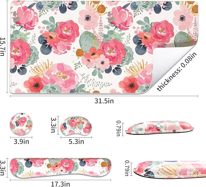 QIYI PU Leather Desk Mat Set, 4-in-1 Ergonomic Wrist Rest, Pink Flowers | Waterproof Large Mouse Pad 31.5×15.7 + Keyboard Wrist Rest + Mouse Wrist Support+Coaster, Non-Slip Office Gaming Accessories - Image 3