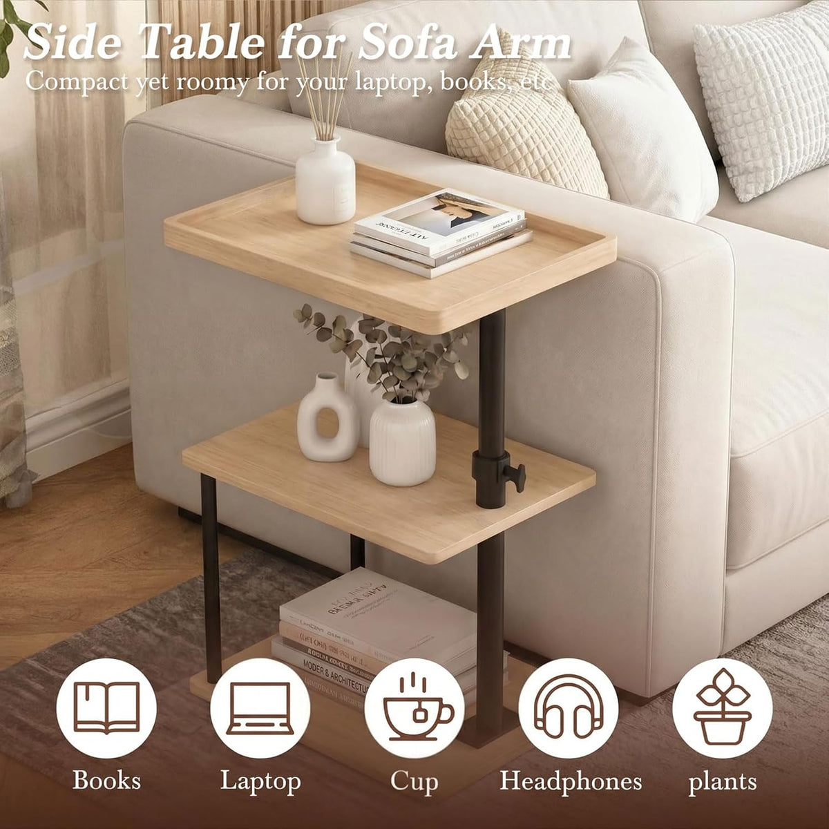 C Table End Table Adjustable Height, 360°Swivel TV Tray Table for Small Spaces, Small Nightstand for Living Room, Bedroom, Oak - Image 4