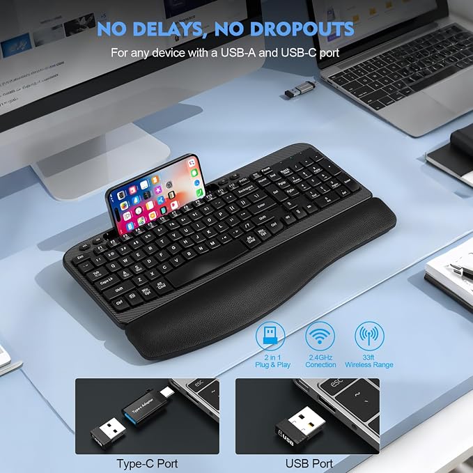 EAYBLLY 2.4G Wireless Ergonomic Keyboard, Full Size Wave Keys with Memory Foam Wrist Rest & 7.28in Phone Holder, USB-C Adapter Included for Windows Mac Chrome OS, Office or Home (Black) - Image 5