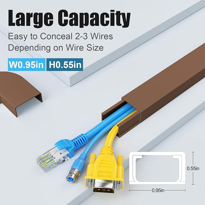 Yecaye Cord Covers for Wires on Wall, 113in, W0.95in H0.55in, Brown | TV Cord Hider, Medium Cord Organizer for 2-3 Wires, Cable Management Kit, Easy Install - Image 2
