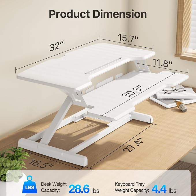 32" Standing Desk Converter, Quick Sit to Stand Desk Riser | Height Adjustable Stand up Desk with Keyboard Tray for Dual Monitor, Copmputer Workstation for Home Office, White - Image 5