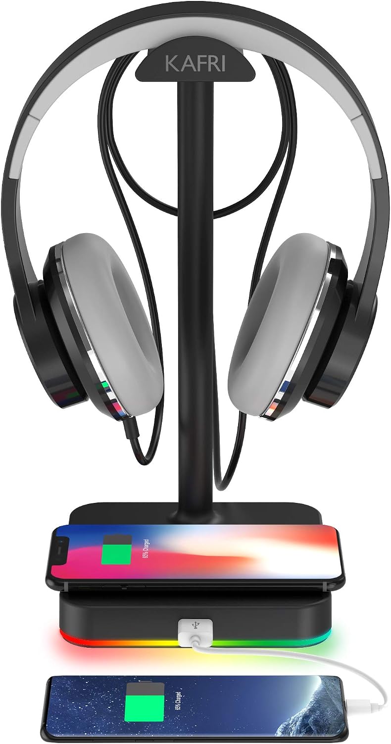 KAFRI RGB Headphone Stand with Wireless Charger Desk Gaming Headset Holder Hanger Rack with 10W/7.5W QI Charging Pad and QC 3.0 USB Port - Suitable for Gamer Desktop Table Game Earphone Accessories by KAFRI