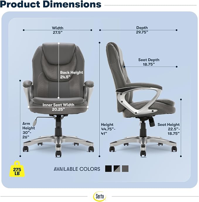 Serta Ergonomic Executive Office Chair, Padded Arms Mesh Back Leather Chair | Amplify, Contoured Lumbar Lower Back Support, Back Pain Relief, Adjustable Height & Tilt, Work From Home Desk Chair, Duo Gray - Image 3