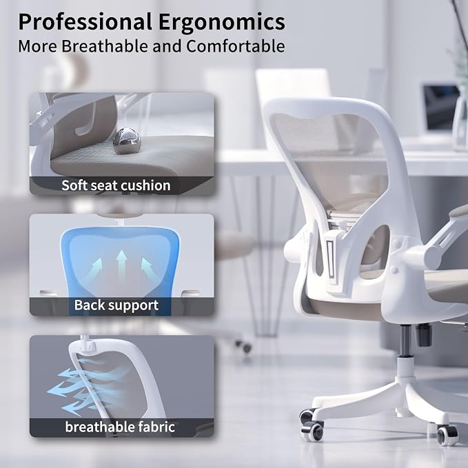 Monhey Ergonomic Office Desk Chair with Lumbar Support, High Back (Khaki) | 90°-125° Tilt Lock, 360° Swivel, Mute Wheels, High Back, Breathable Mesh, Foldable Armrests, Home Office Use - Image 3